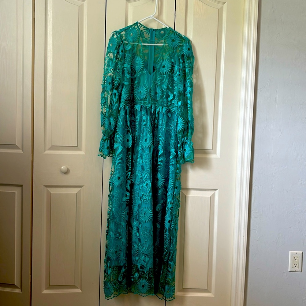 Beulah Style Green floral dress. Maxi